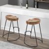 24 Inch Handcrafted Backless Barstool, Natural Brown Mango Wood Thick Saddle Seat, Black Iron Base