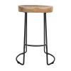 24 Inch Handcrafted Backless Barstool, Natural Brown Mango Wood Thick Saddle Seat, Black Iron Base