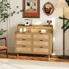43.31"6-Drawers Rattan Storage Cabinet Rattan Drawer with LED Lights and Power Outlet,for Bedroom,Living Room